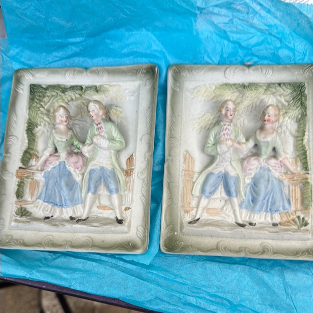 Antique Vintage Decorative Plates w Victorian Couple handpainted Made in Japan